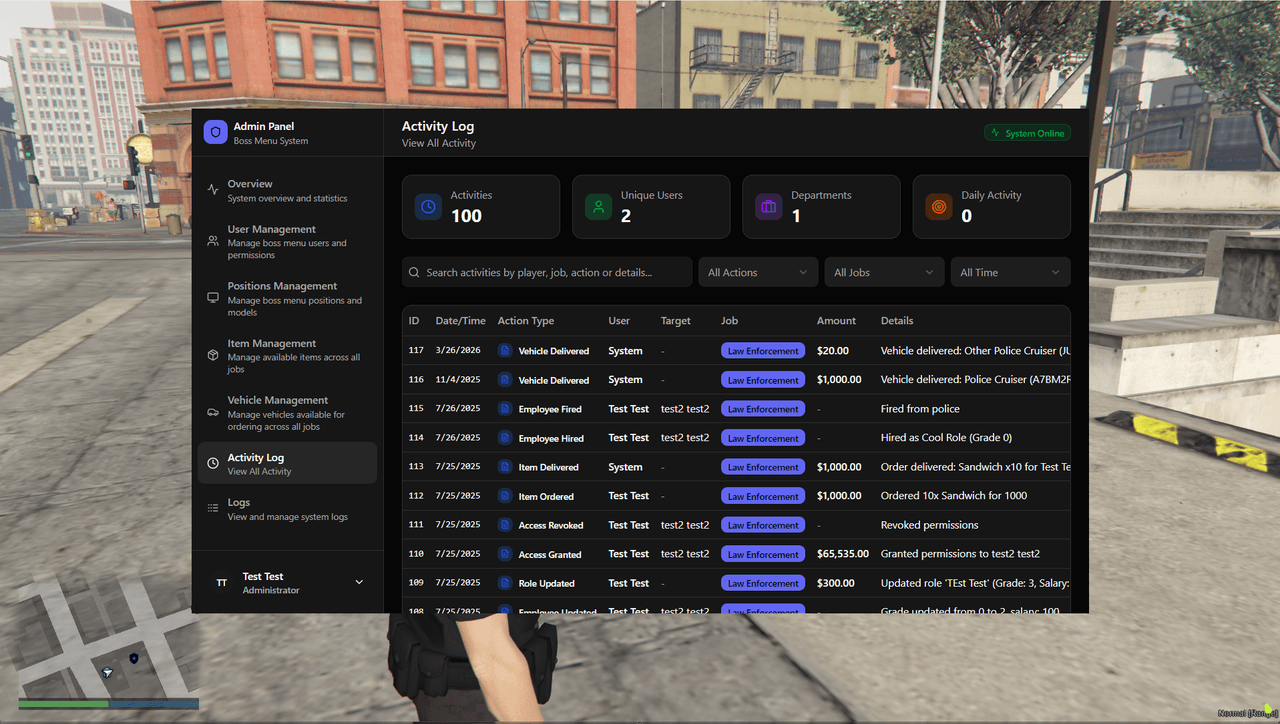 Activity logs with filtering and search